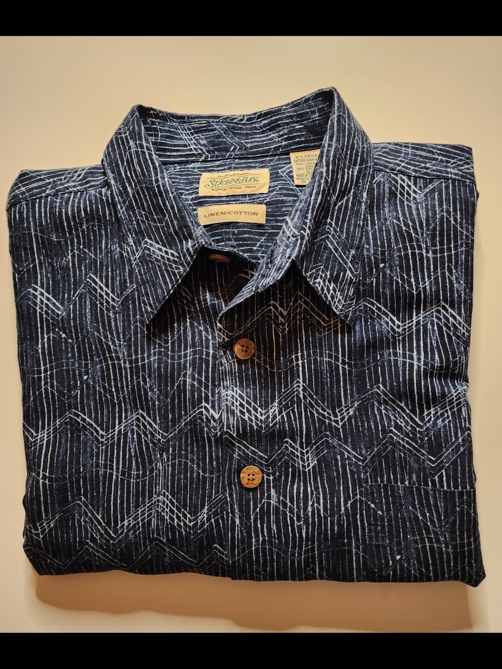 St. John's Bay Navy Button-Down Shirt with White Geometric Print
